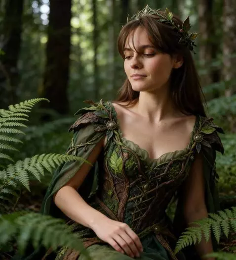 AI Video from prompt: the girl gently strokes the fern and looks at th