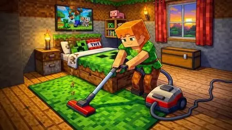 AI Video from prompt: make an animation of girl vacuuming carpet