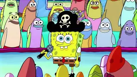 AI Video from prompt: SpongeBob with a pirate hat holds the microphone
