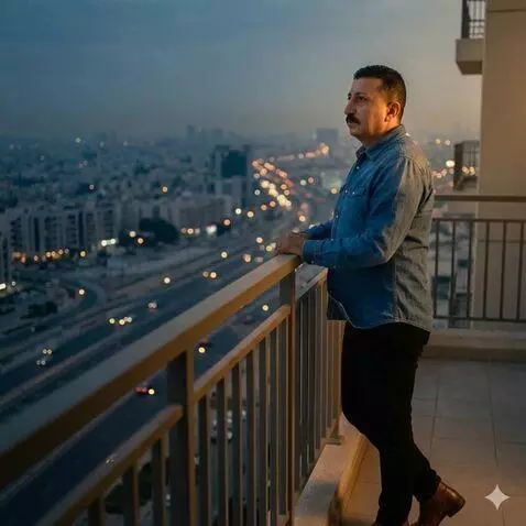 AI Video from prompt: Cinematic video of a lone man standing on a balc