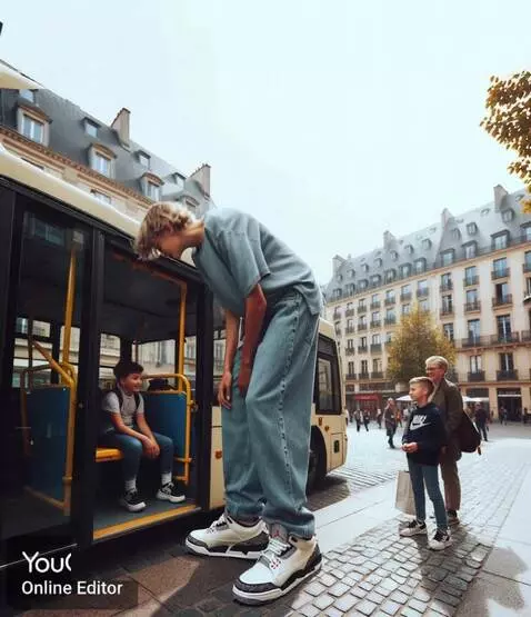 AI Video from prompt: The tallest boy gets on the bus, but since he is