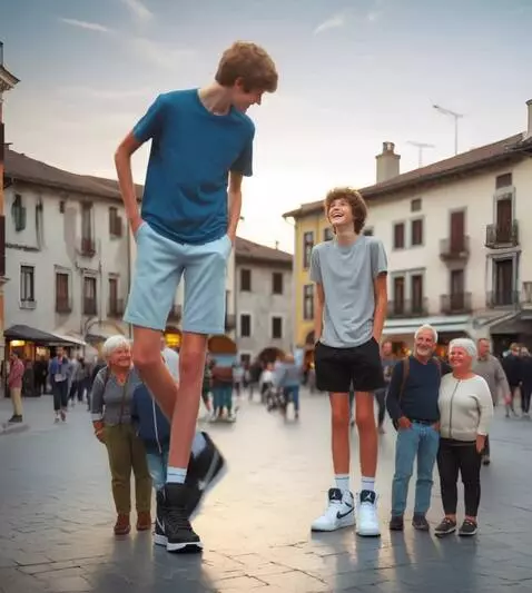 AI Video from prompt: The tallest boy walks past the older woman stand