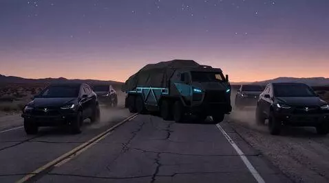 AI Video from prompt: the convoy of tesla armored vuhicles carrying sp