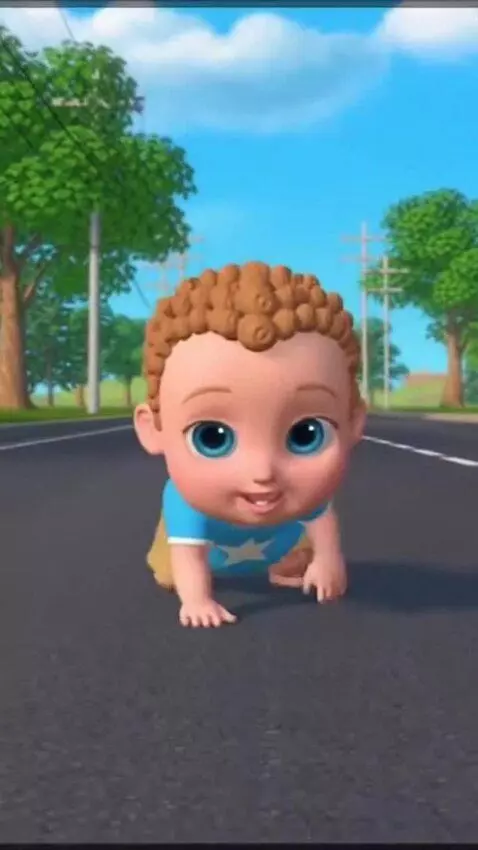 AI Video from prompt: A cartoon baby boy is crawling along the road.