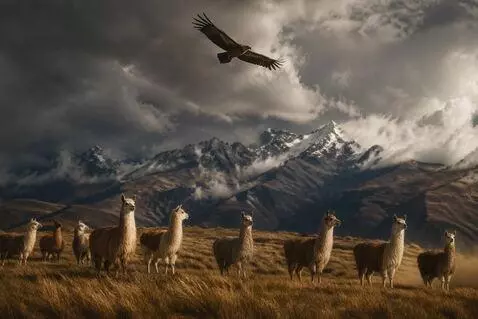 AI Video from prompt: Static herd of llamas standing still on a high A