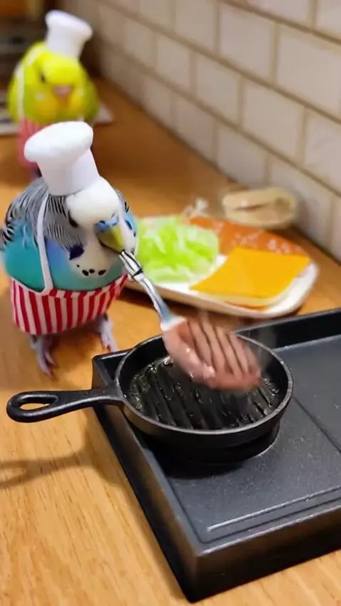 AI Video from prompt: These parrots are making Big Macs, but they all 