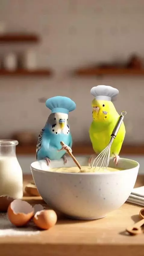 AI Video from prompt: These parrots make pancakes and they speak every