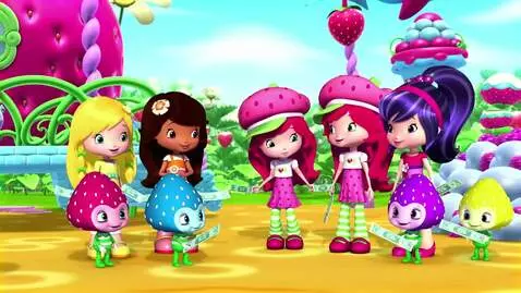 AI Video from prompt: Strawberry Shortcake with four one dollar bills,