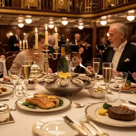 AI Video from prompt: slow cinematic zoom on gourmet Titanic first cla