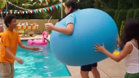 AI Video from prompt: Overhead shot, outdoor pool party with inflatabl