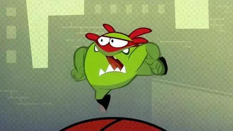 AI Video from prompt: a green cartoon talking frog-esque looking creat