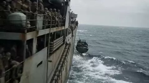 AI Video from prompt: Cinematic drone shot of a WW2 military transport