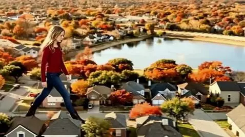 AI Video from prompt: A gigantic girl wearing a red shirt and blue jea