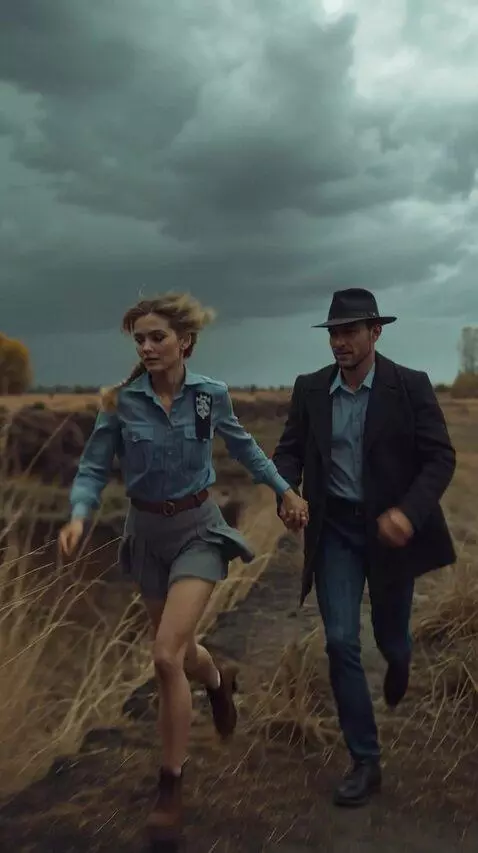 AI Video from prompt: A strong wind sways the grass as a man and a wom