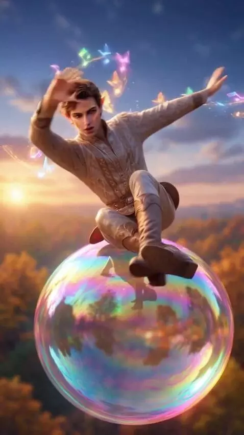AI Video from prompt: An elf sitting on a soap bubble suddenly loses h