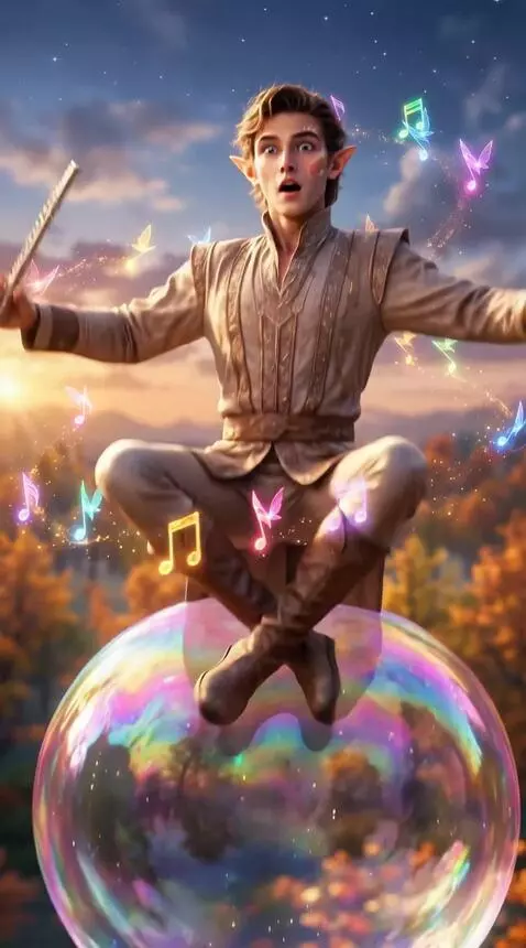 AI Video from prompt: An elf sitting on a soap bubble suddenly loses h