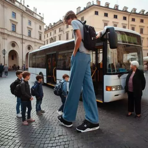 AI Video from prompt: The tall boy walks to the bus door, puts his han