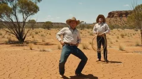 AI Video from prompt: A cowboy standing in the foreground holds his bu