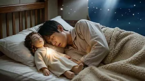 AI Video from prompt: A , cozy bedroom scene at night. A young person 