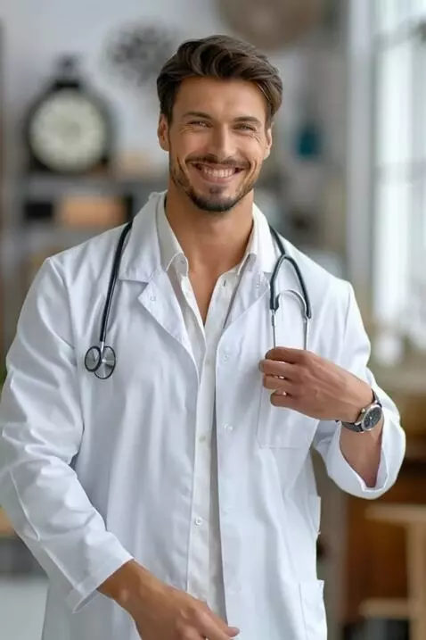 AI Video from prompt: He walks , smiles and adjusts the phonendoscope