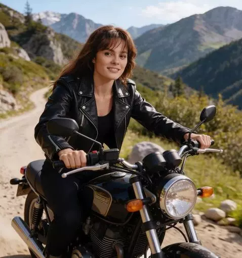 AI Video from prompt: a girl is riding a motorcycle. a trail of dust r