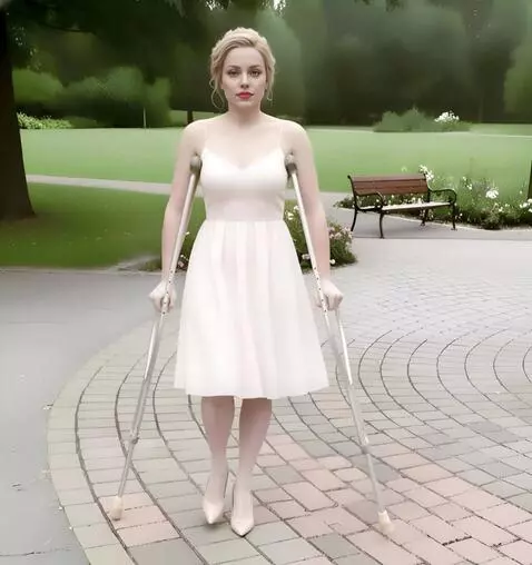 AI Video from prompt: A very beautiful one-legged woman is walking tow
