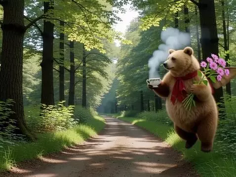 AI Video from prompt: a bear flies with tea and flowers over a forest 