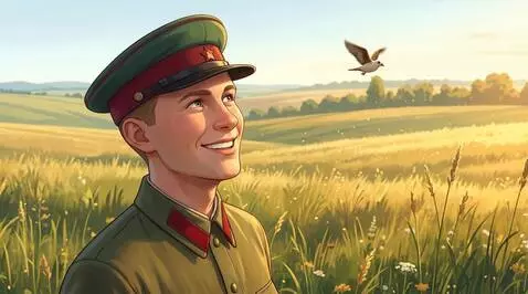 AI Video from prompt: The soldier smiles, as if hearing distant singin