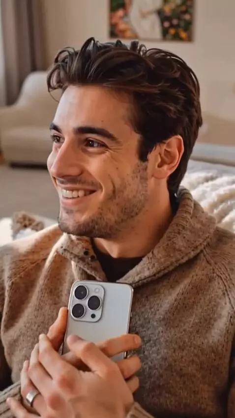 AI Video from prompt: The man starts smiling at what he sees, puts dow