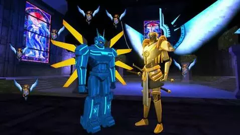 AI Video from prompt: blue robot (V1 from ULTRAKILL) say in russian "p