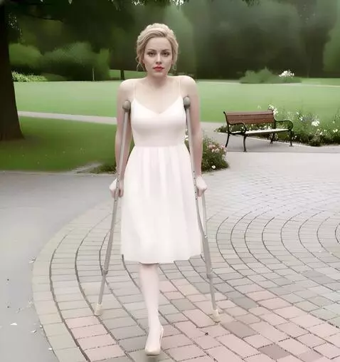AI Video from prompt: A very beautiful one-legged woman is walking tow