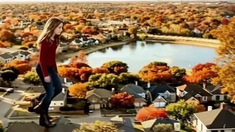 AI Video from prompt: A gigantic girl wearing a red shirt and blue jea