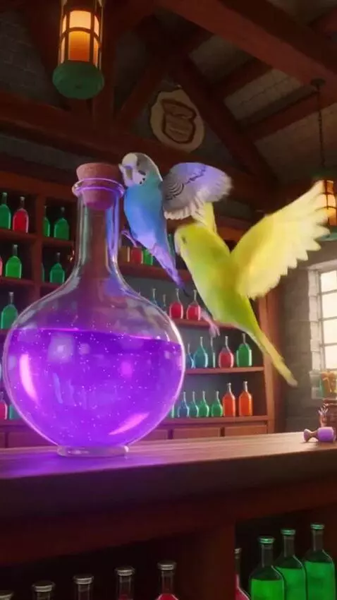 AI Video from prompt: These parrots fly into a potion shop, find a gia