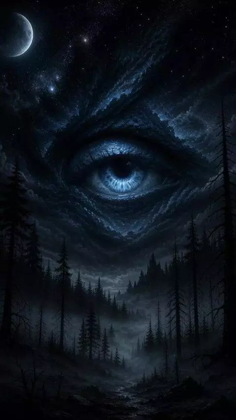 AI Video from prompt: The eye in the sky blinks, moves, and the forest