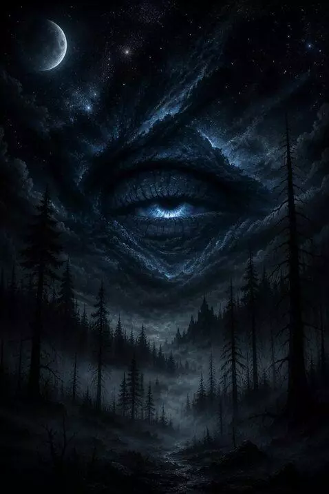 AI Video from prompt: The eye in the sky blinks slowly, moves and shiv
