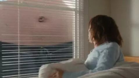 AI Video from prompt: Woman wakes up, opens up the blinds, and sees a 