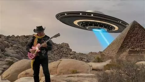 AI Video from prompt: the guitarist plays the solo, a flying saucer co