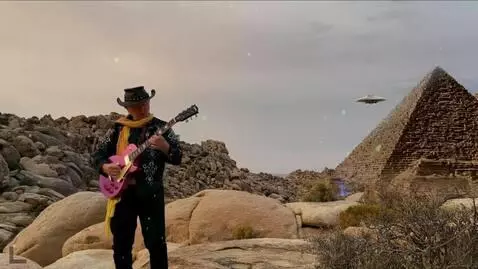 AI Video from prompt: the guitarist plays the solo, a flying saucer co