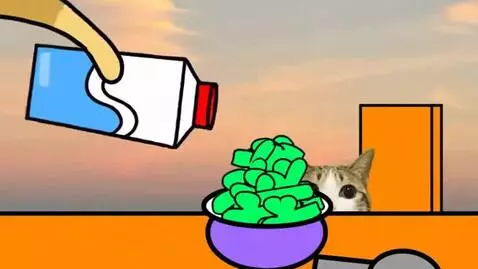 AI Video from prompt: Meowl eats Cereal Katwomeal's Tangy and sour Gre