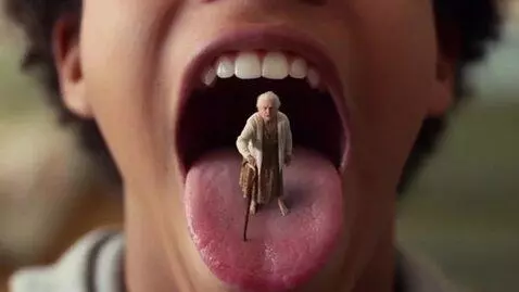 AI Video from prompt: A shrunken old lady inside the mouth of a teenag