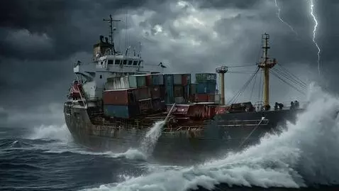 AI Video from prompt: a cargo ship caught in a storm listing heavily
