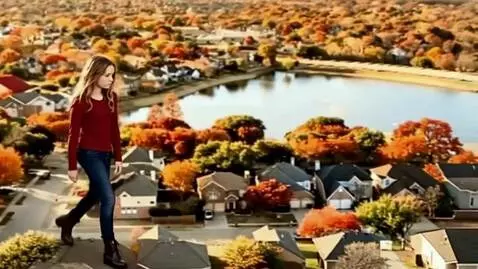 AI Video from prompt: A gigantic teen girl, wearing a red shirt and bl