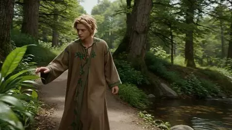 AI Video from prompt: a druid robed man with blond messy hair and blue