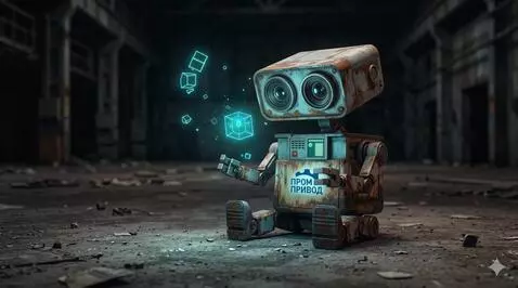 AI Video from prompt: A weathered rust-covered industrial robot with d