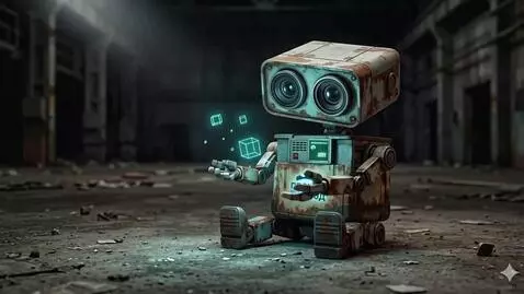 AI Video from prompt: A weathered rust-covered industrial robot with d
