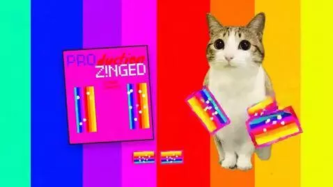 AI Video from prompt: Meowl Eats PROduction Stipes Z!NG Candies