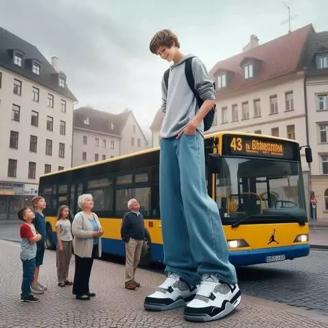 AI Video from prompt: Tallest boy going slowly to the bus. Little old 