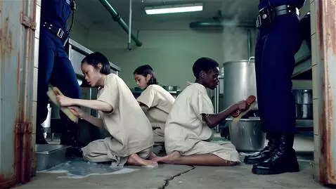 AI Video from prompt: A few barefoot girls in short simple prisoner's 