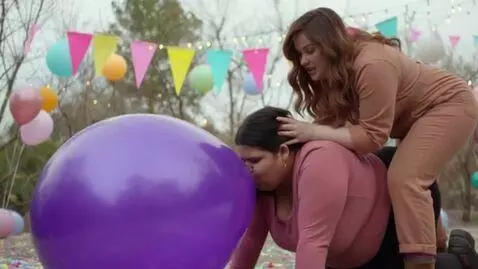 AI Video from prompt: Have the lady on all fours belly inflate