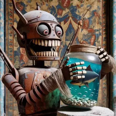 AI Video from prompt: The robot gnashes its teeth and rolls eyes and u